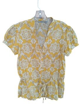 Tex by Max Azria Yellow White Geometric Boho Peplum Shirt Blouse XL *GUC